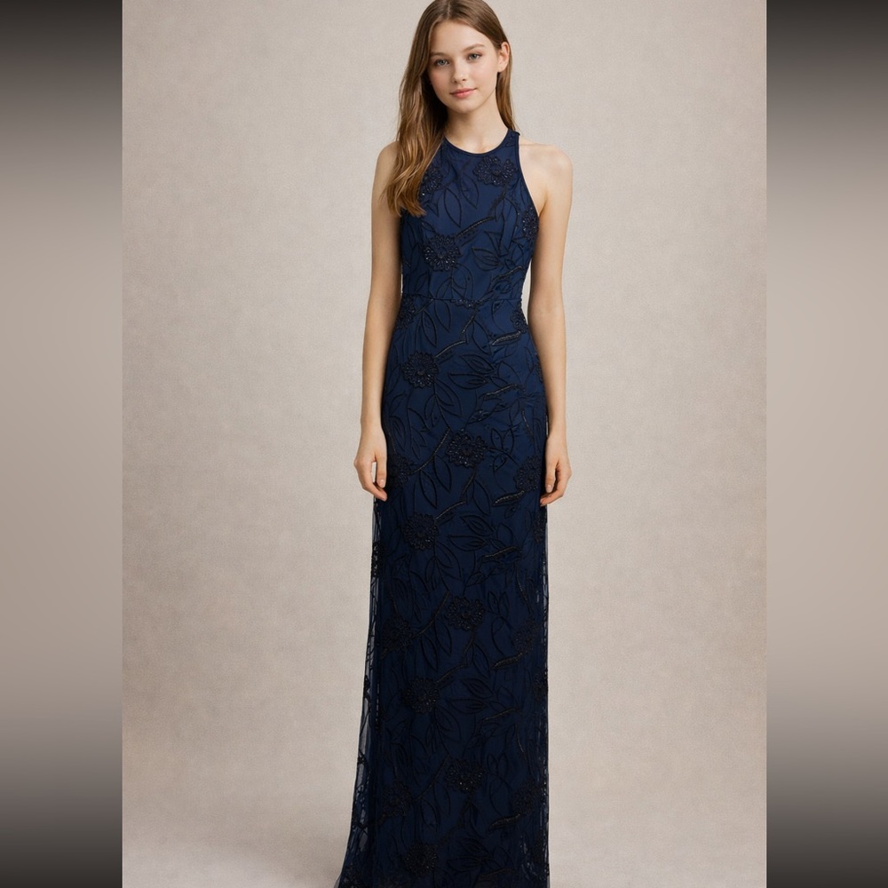 Aidan Mattox Midnight Blue sequins sleeveless Floral Maxi Dress